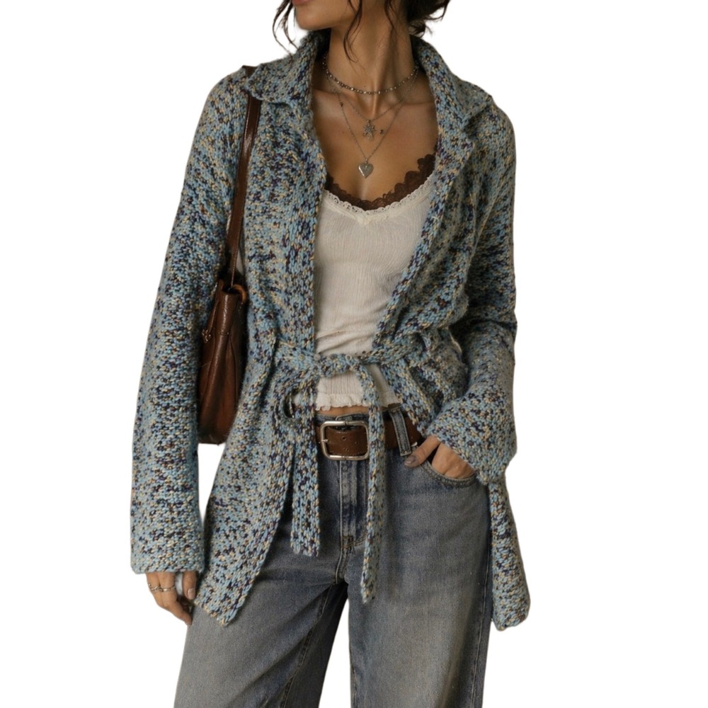 VTG Y2K Charlotte Russe Flecked Knit Belted Cardigan Duster Grunge Boho S Blue